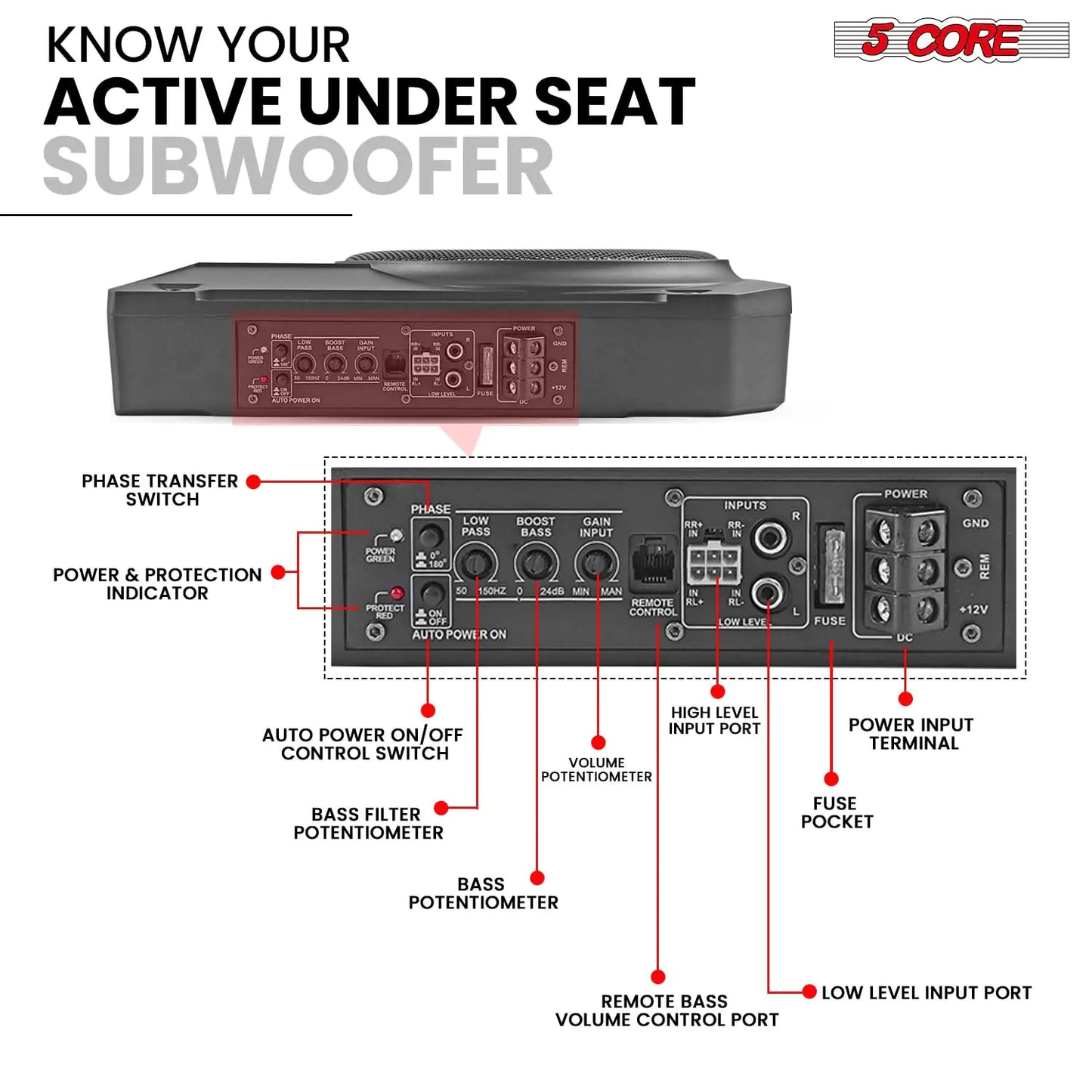 5 CORE 10 inch Slim Under Seat Car Audio Subwoofer 800W Active Powered Under-Seat Built in Amplifier Truck Sub Woofer in Enclosure Box + Wiring Kit & Remote Control BTUBE UNDR ST 150